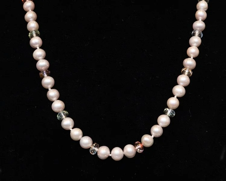 Pearl Necklace with Czech Crystal and Sterling Silver Leaf